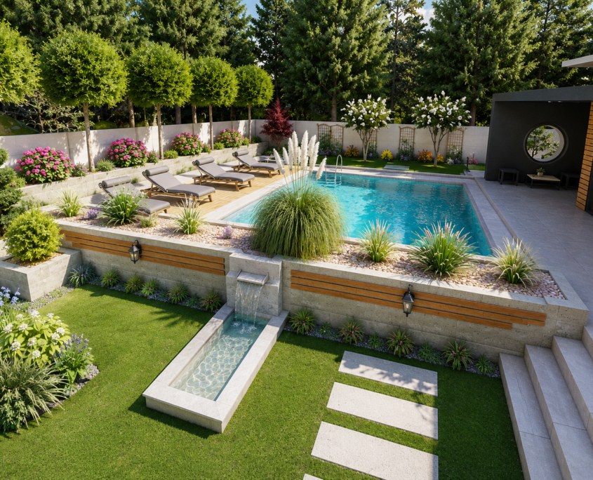 Residential landscape design with swimming pool, planting and outdoor living areas